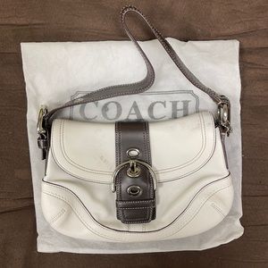 Coach SoHo White Leather Bag with Brown Leather Trim and Dust Cover